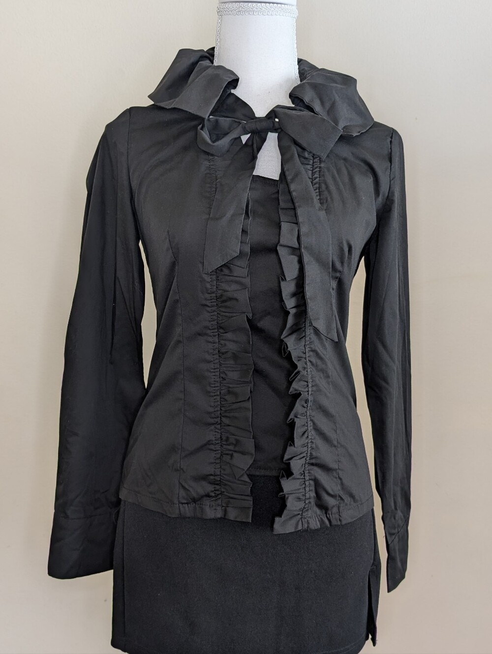 Gothic Victorian Inspired Black Ruffle Tie-Neck Blouse